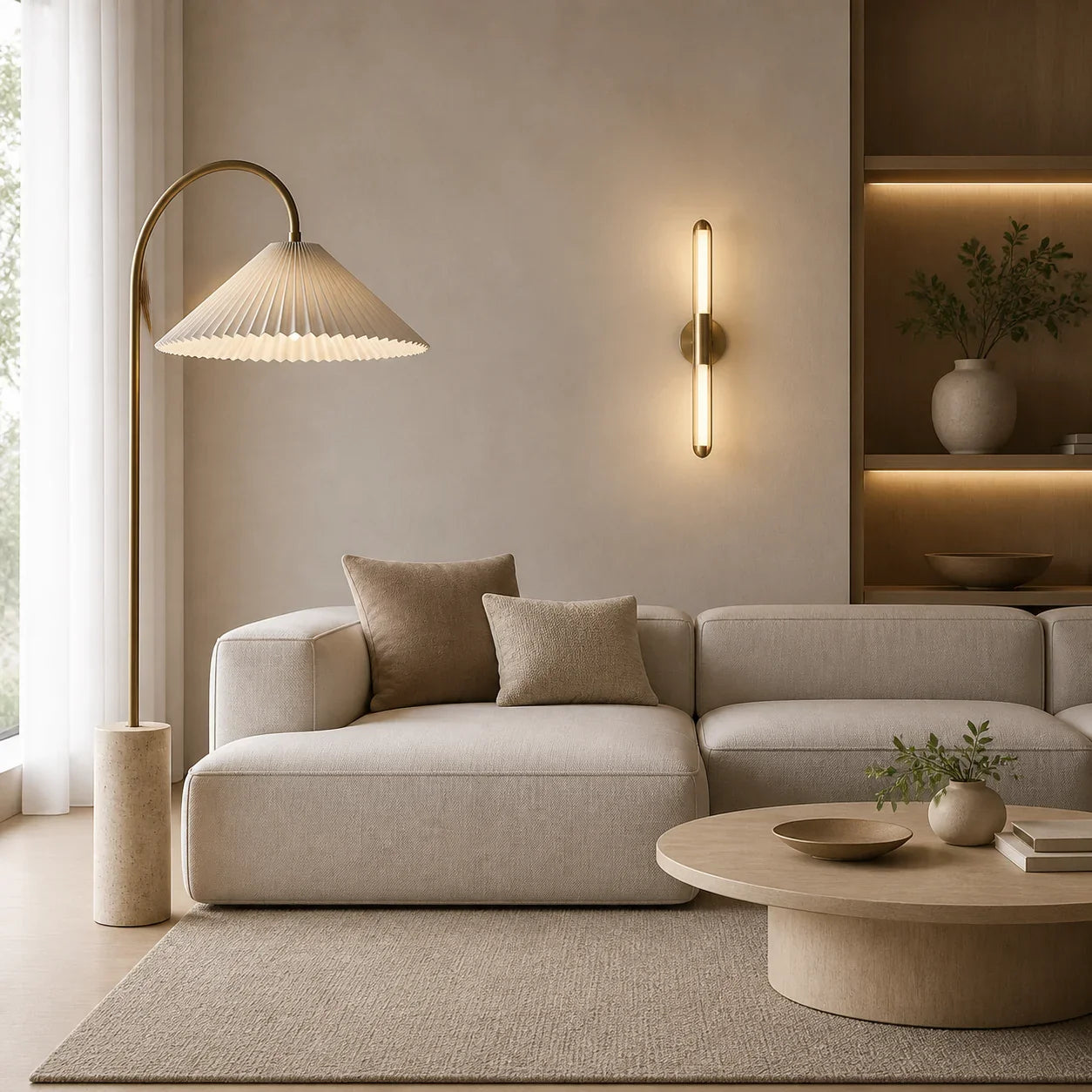 Modern living room lighting with layered fixtures
