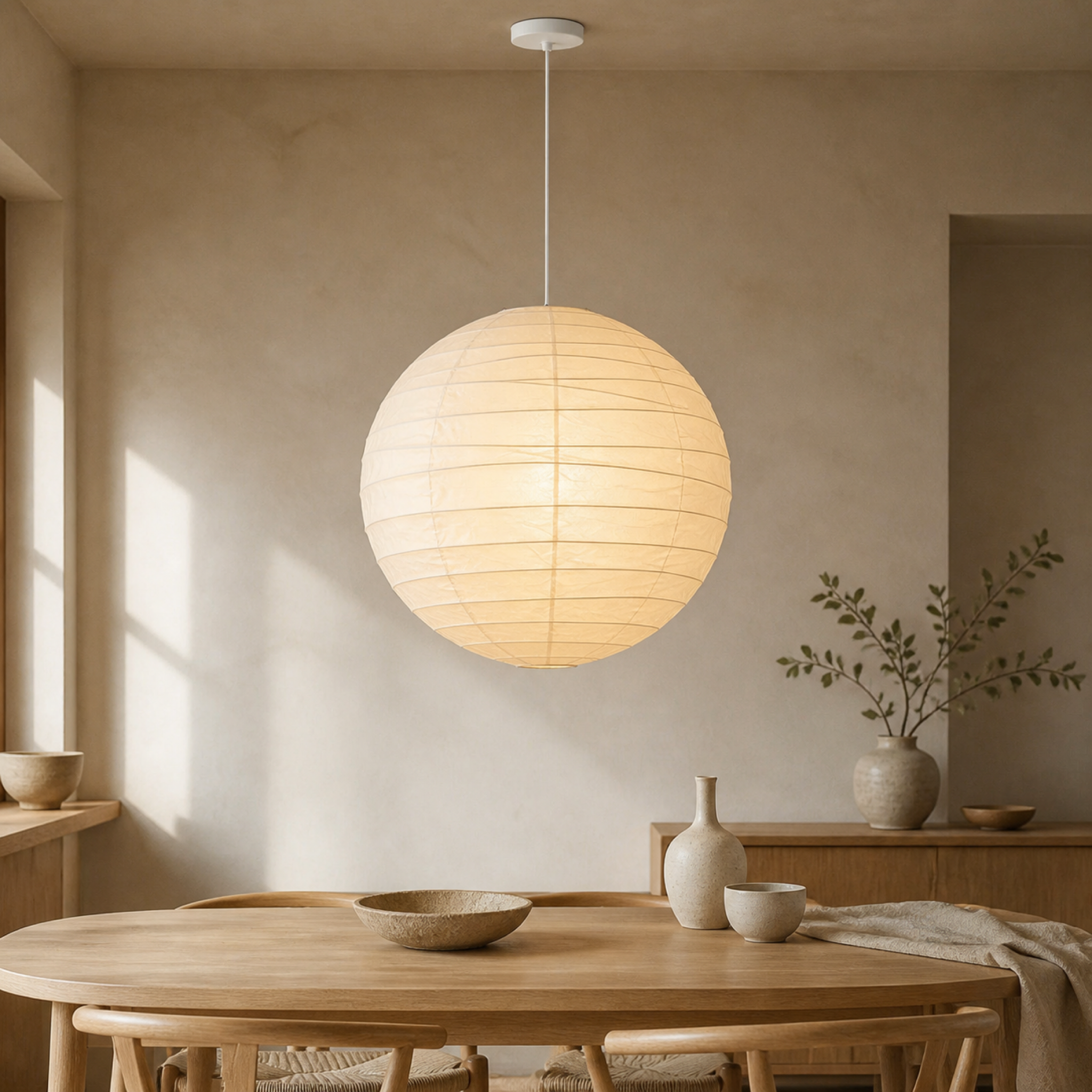 Akari D washi paper lantern pendant with white cord in a warm dining room
