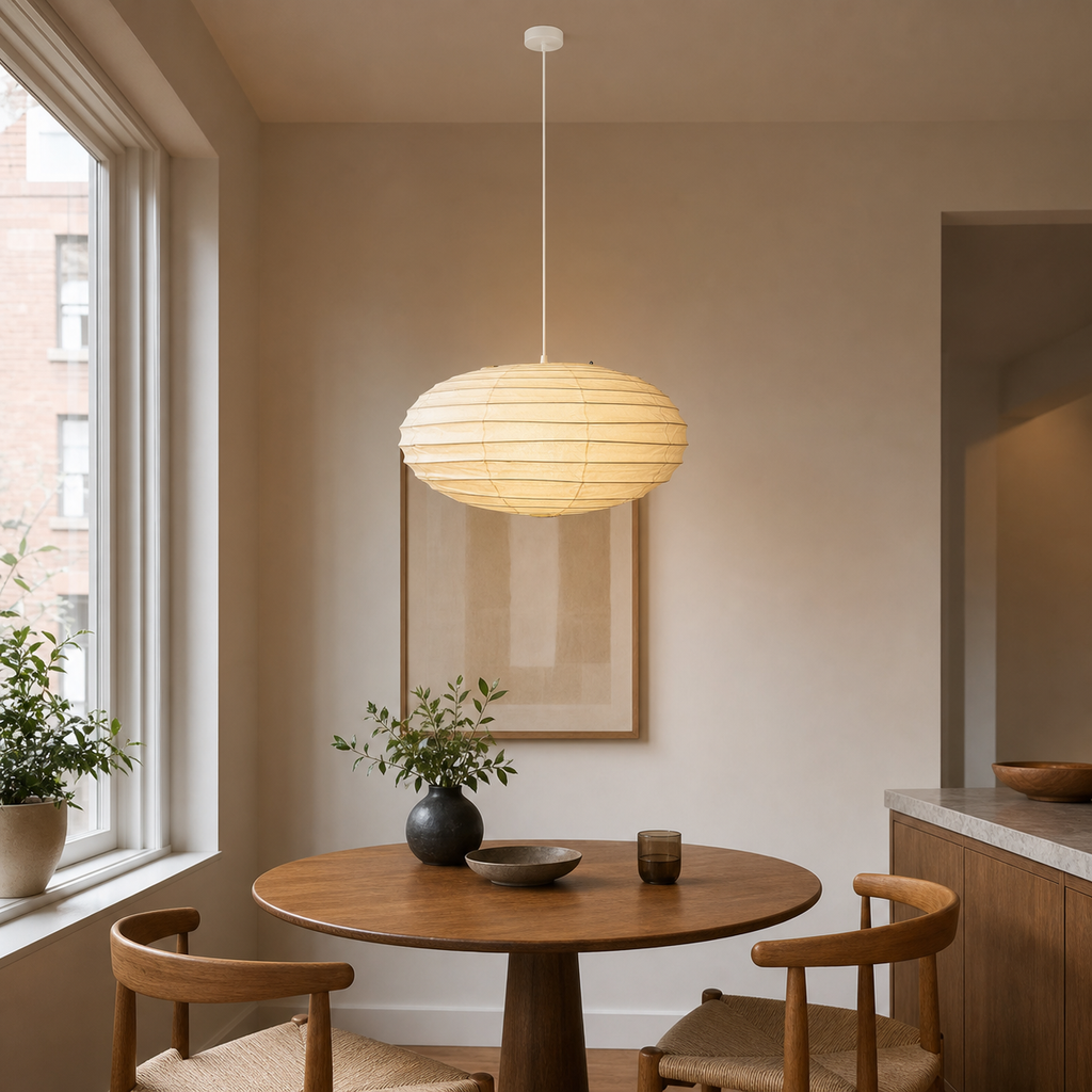 Akari EN 19.6 inch pendant with white cord above a compact dining table