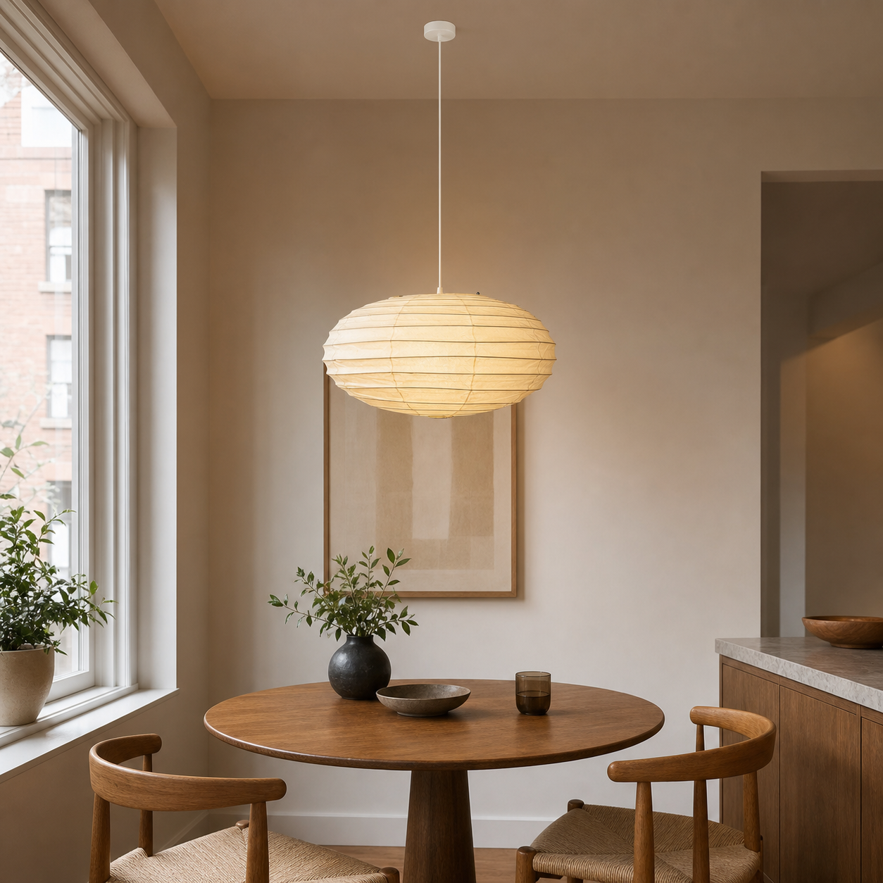 Akari EN 19.6 inch pendant with white cord above a compact dining table