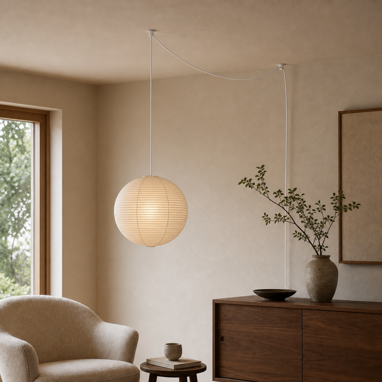 Akari round paper globe swag light, Dia 15.7 by H 14.9 inches, in a warm walnut living room