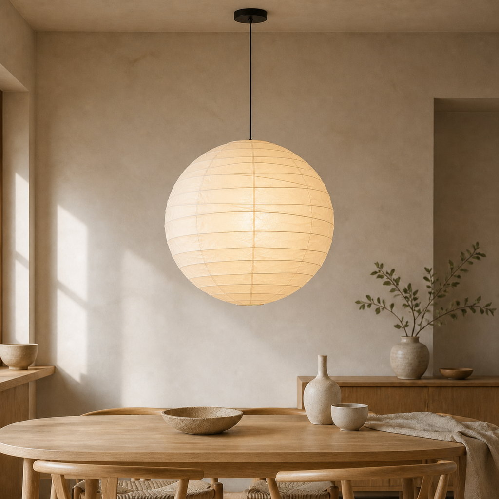 Akari D washi paper lantern pendant with black cord in a warm dining room