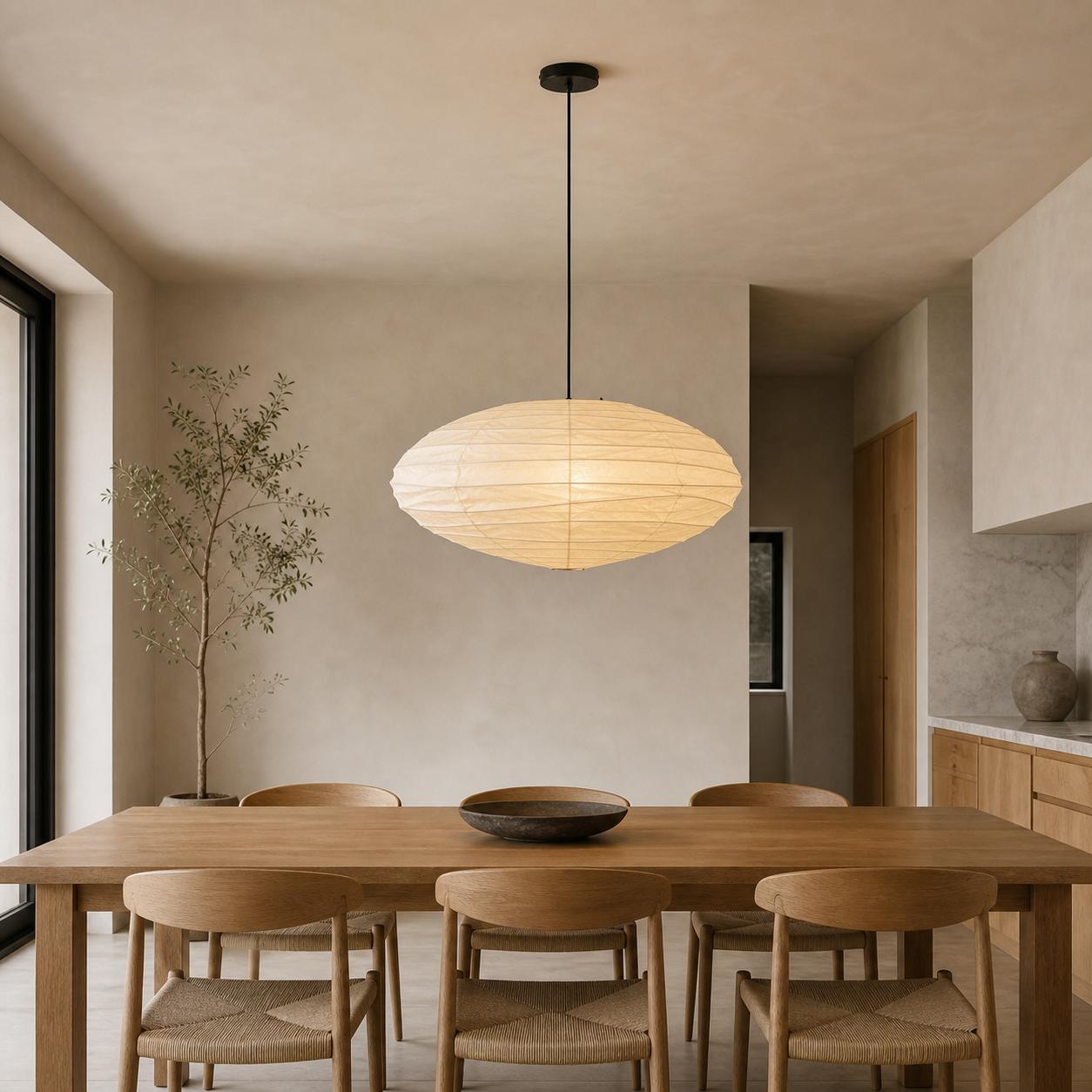 Akari EN 27.5 inch pendant with black cord above a dining table