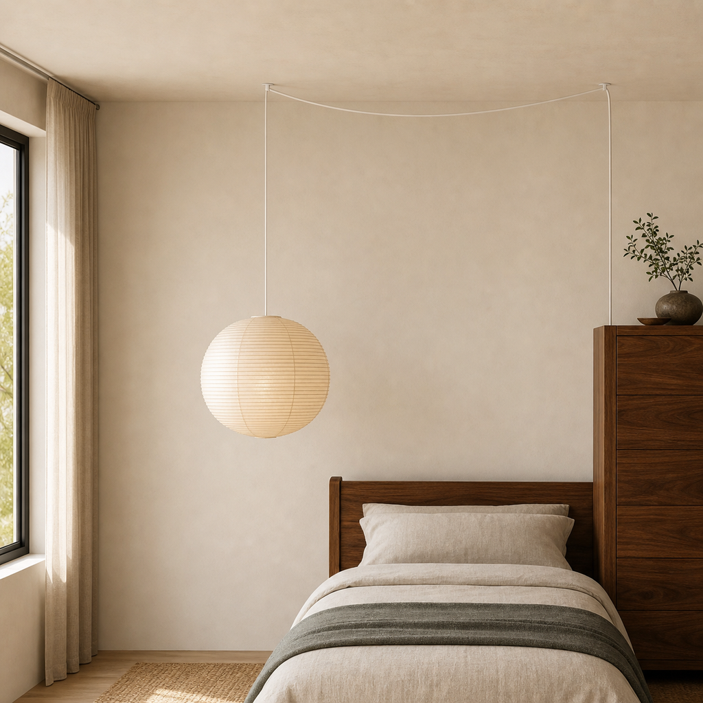 Akari round paper globe swag light, Dia 19.7 by H 17.3 inches, above a calm walnut bedroom