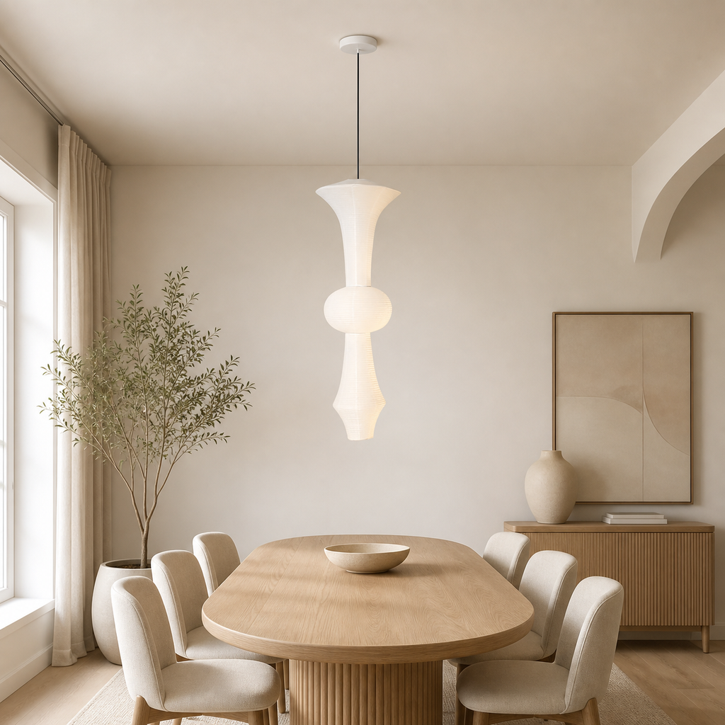 Akari rice paper E pendant light above a light wood dining table