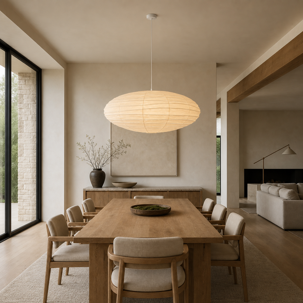 Akari EN 37.4 inch pendant with white cord above a large dining table
