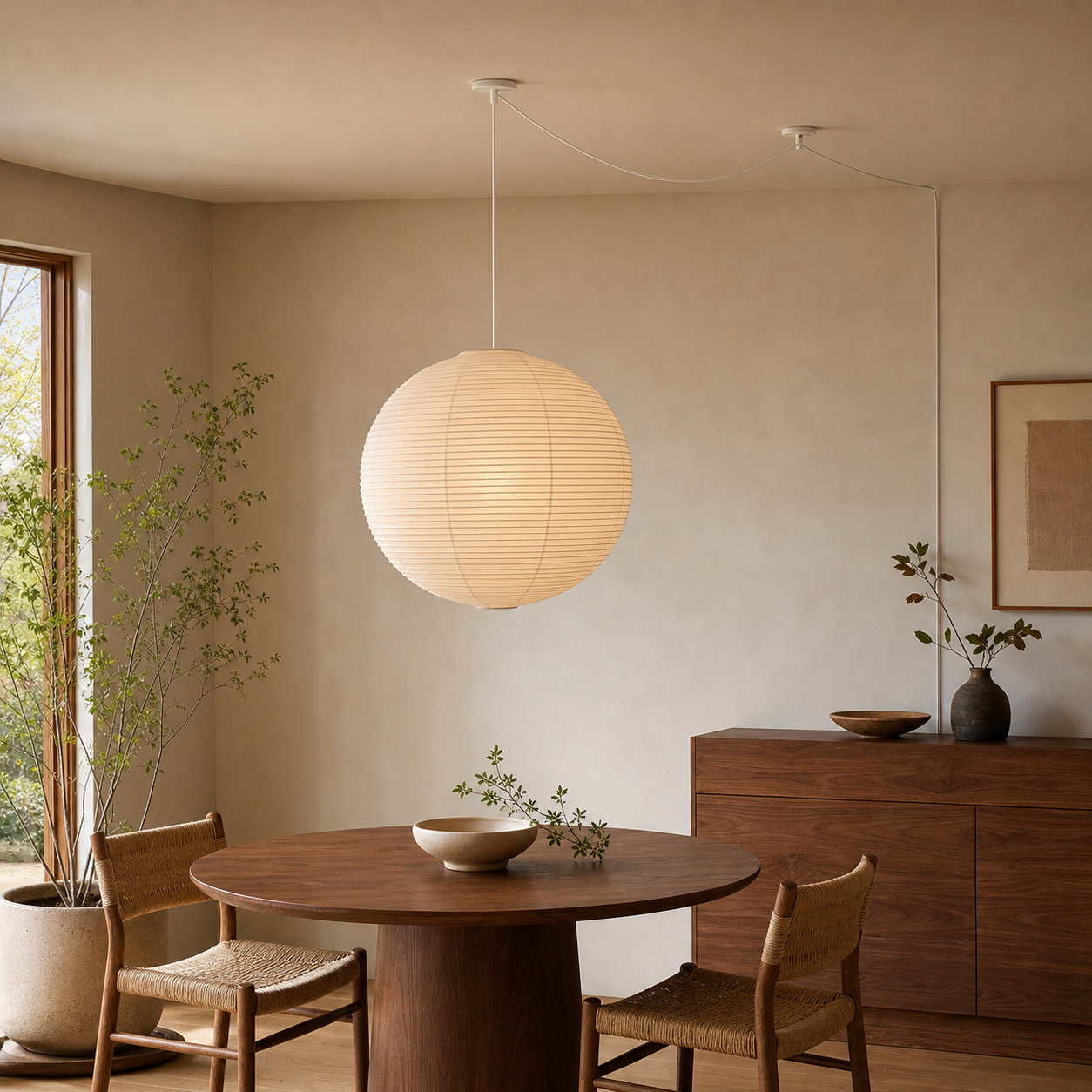 Akari round paper globe swag light, Dia 21.7 by H 20.5 inches, above a walnut dining table