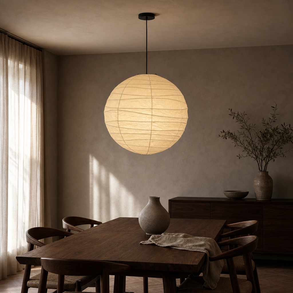 Akari D black cord paper lantern pendant above a dark wood dining table