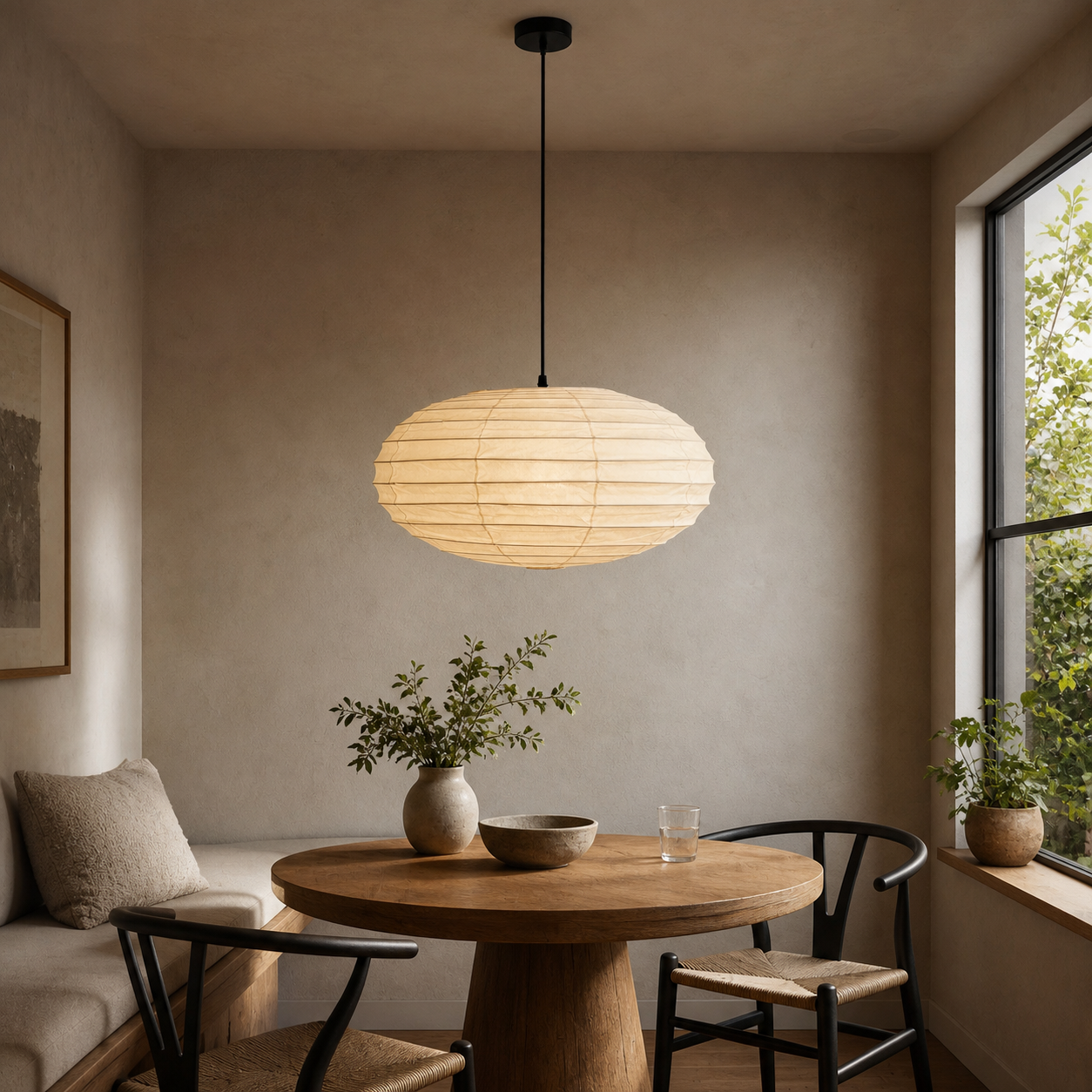 Akari EN 19.6 inch pendant with black cord above a compact breakfast table