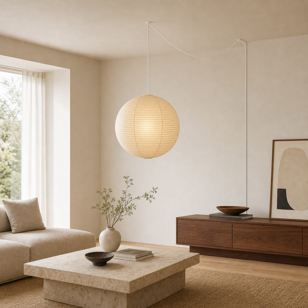 Akari round paper globe swag light, Dia 23.6 by H 22.8 inches, in a modern living room
