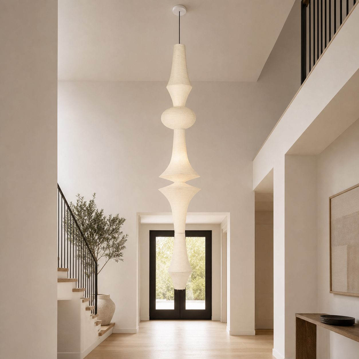 Akari tall rice paper E pendant light in a double-height foyer