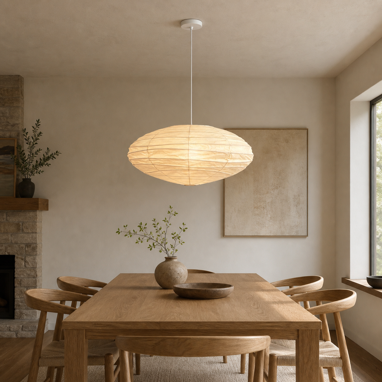 Akari EN 27.5 inch pendant with white cord above a dining table