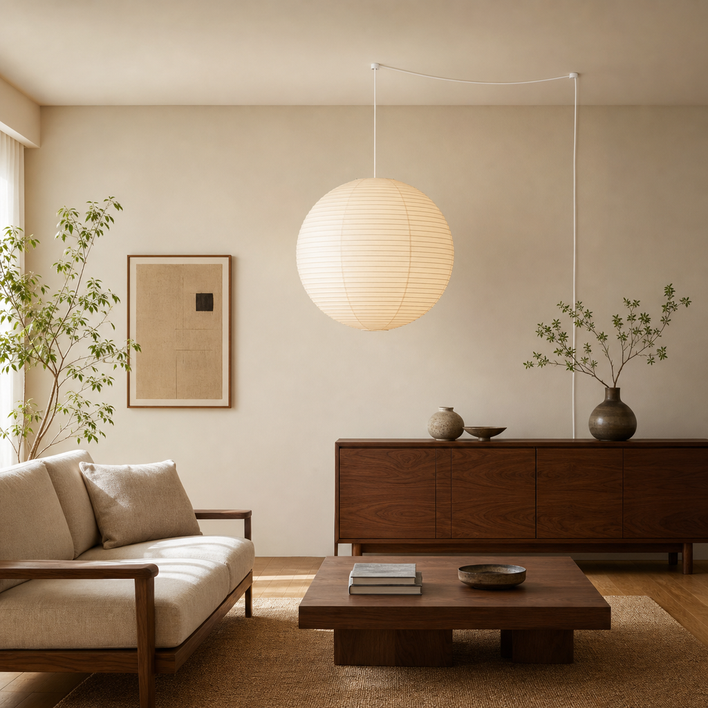 Akari round paper globe swag light, Dia 27.6 by H 26.3 inches, in a walnut-accented lounge