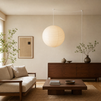Akari round paper globe swag light, Dia 27.6 by H 26.3 inches, in a walnut-accented lounge