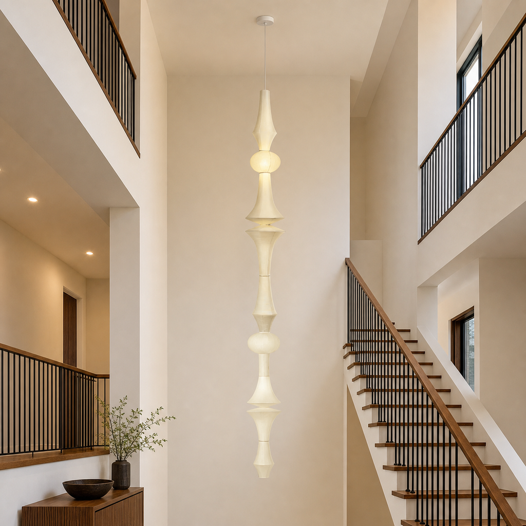 Akari extra-long rice paper E pendant light in a three-story stairwell
