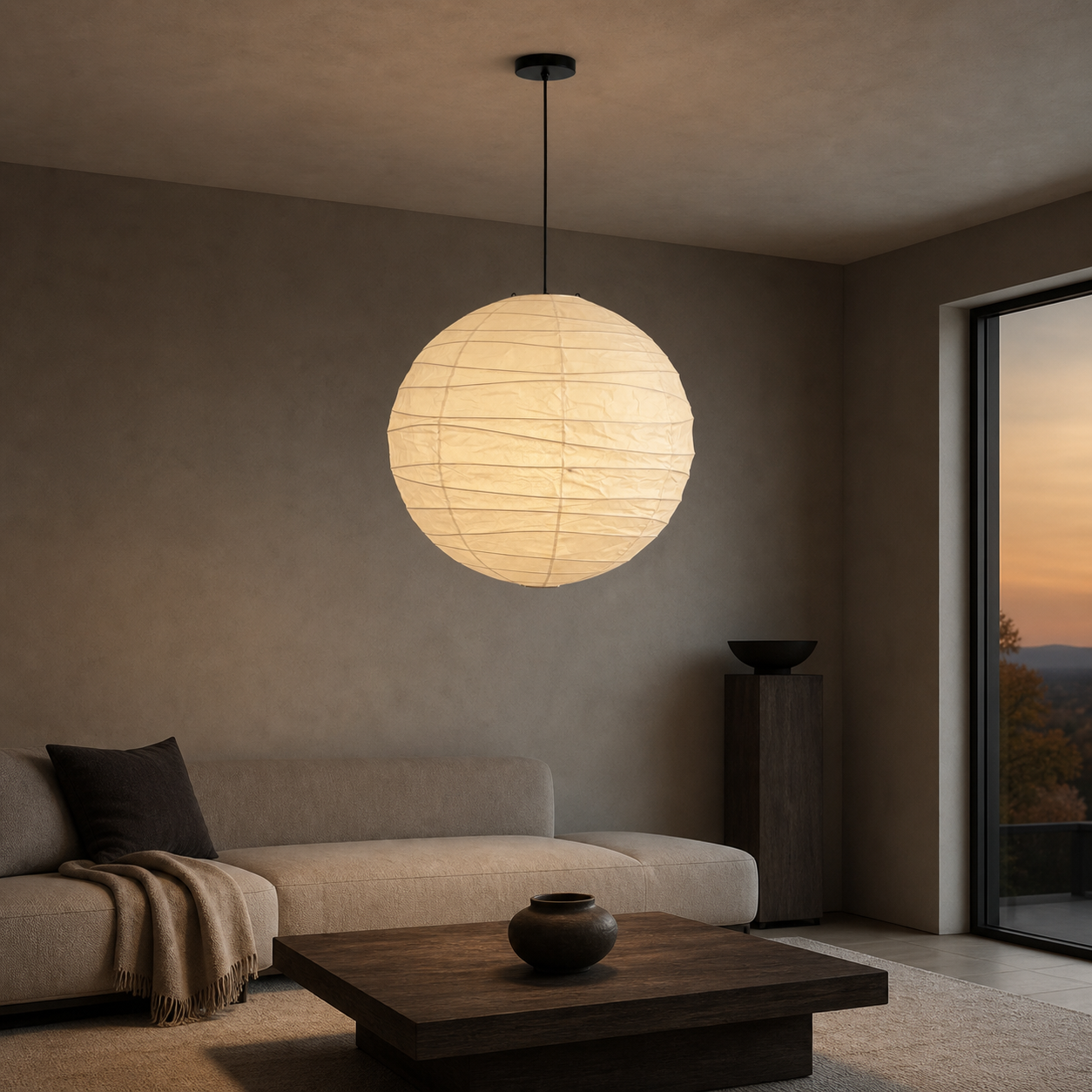 Akari D black cord paper lantern pendant in a modern lounge
