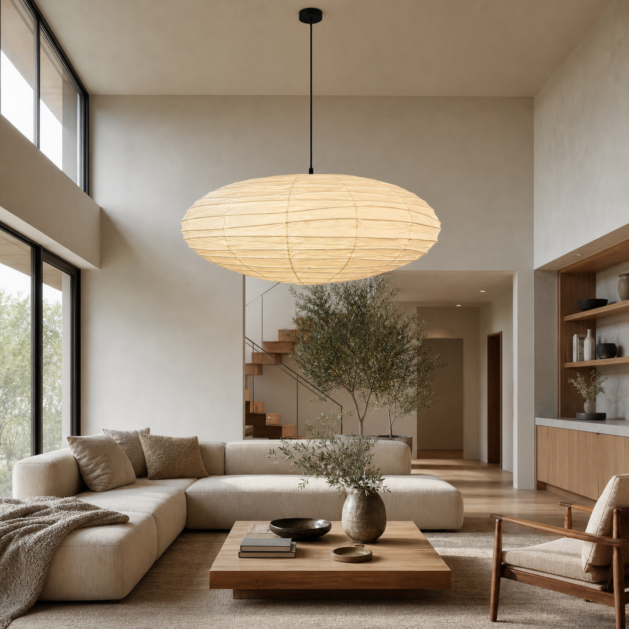Akari EN 37.4 inch pendant with black cord in a large living area