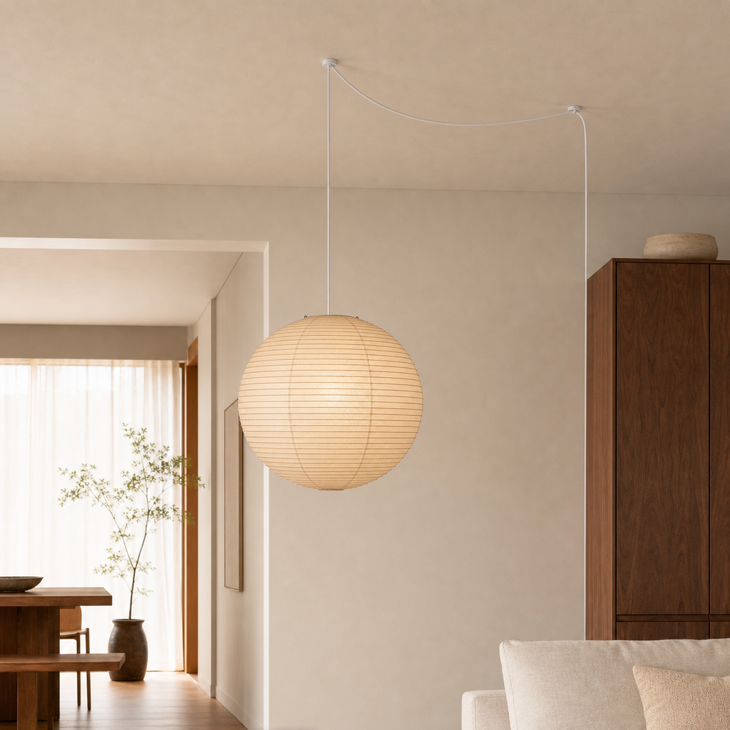 Akari round paper globe swag light, Dia 29.5 by H 27.9 inches, above a walnut dining area