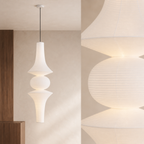 Close view of the translucent ribbed paper shade on the Akari pendant light
