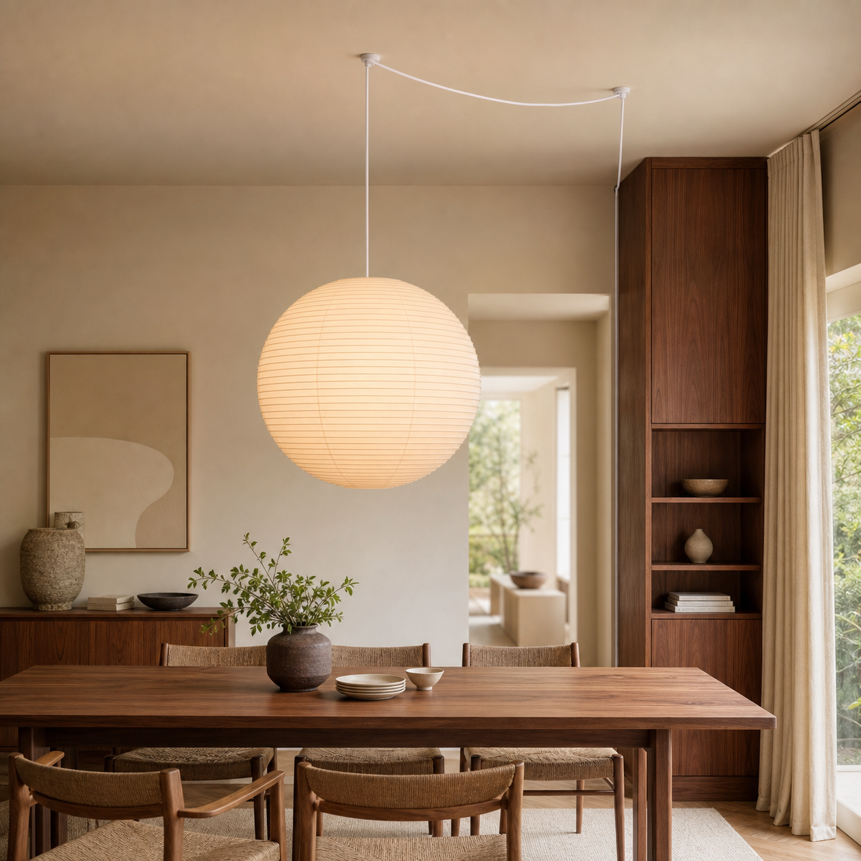 Akari round paper globe swag light, Dia 31.5 by H 29.9 inches, in a modern walnut living room