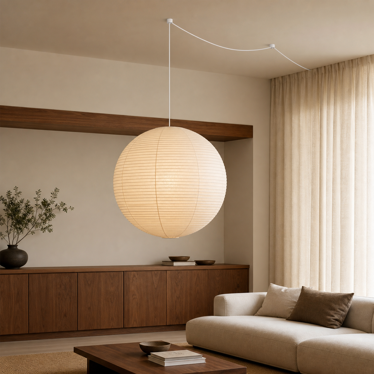 Akari round paper globe swag light, Dia 35.4 by H 34.6 inches, above a large dining table