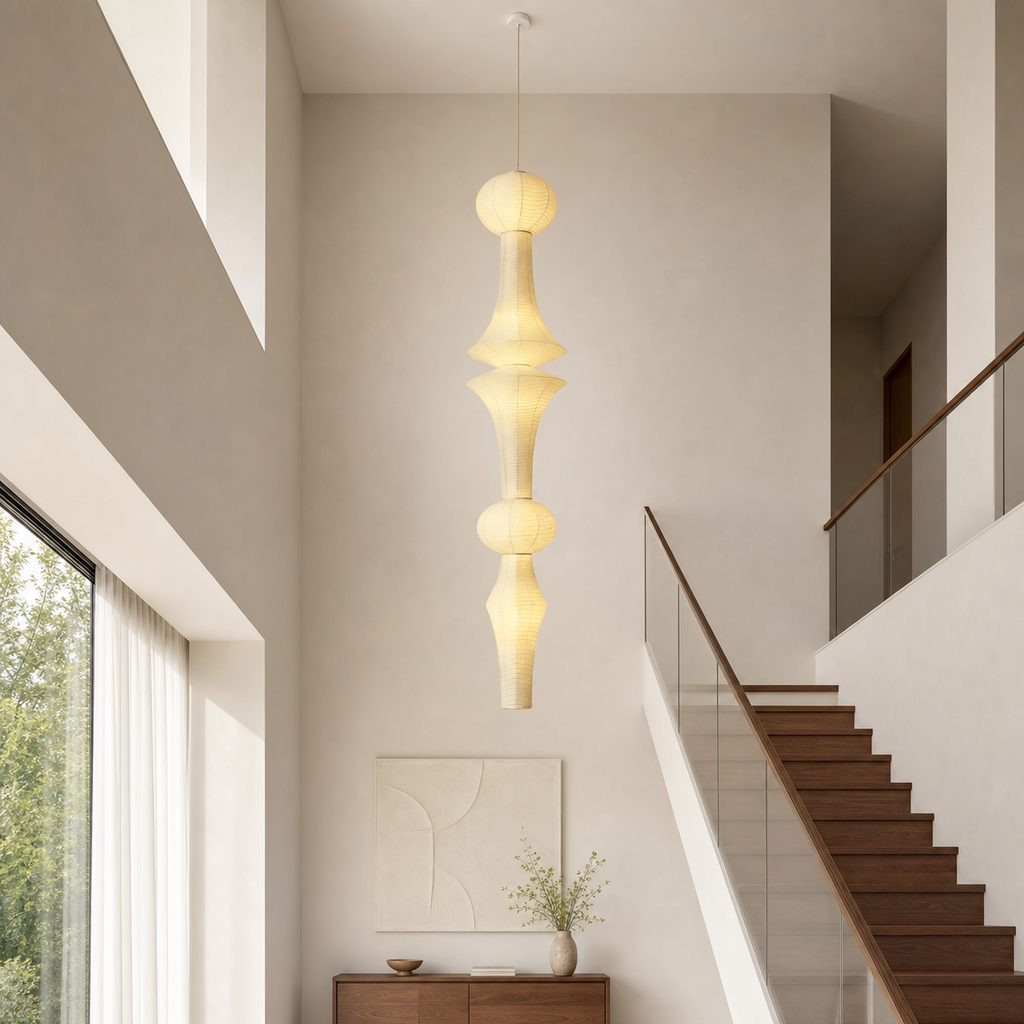 Akari Dia 16.9 by H 86.6 inch pendant light in a walnut-accented stairwell
