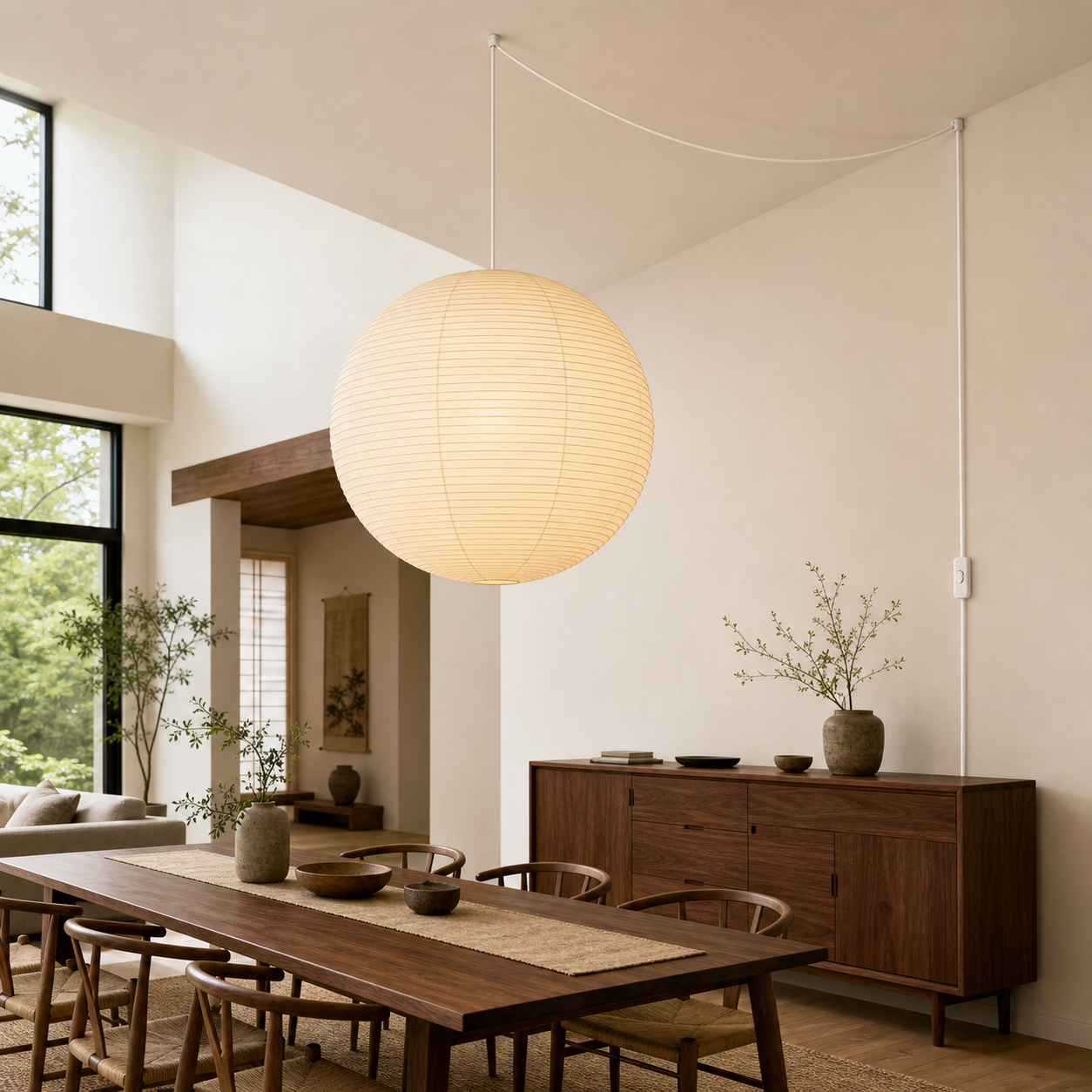 Akari round paper globe swag light, Dia 39.4 by H 38.5 inches, in an open dining room