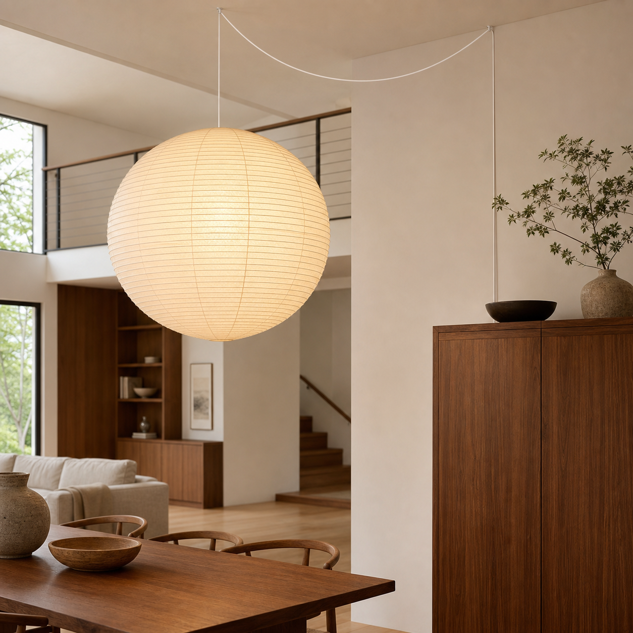Akari round paper globe swag light, Dia 47.2 by H 46.5 inches, in a high-ceiling walnut interior