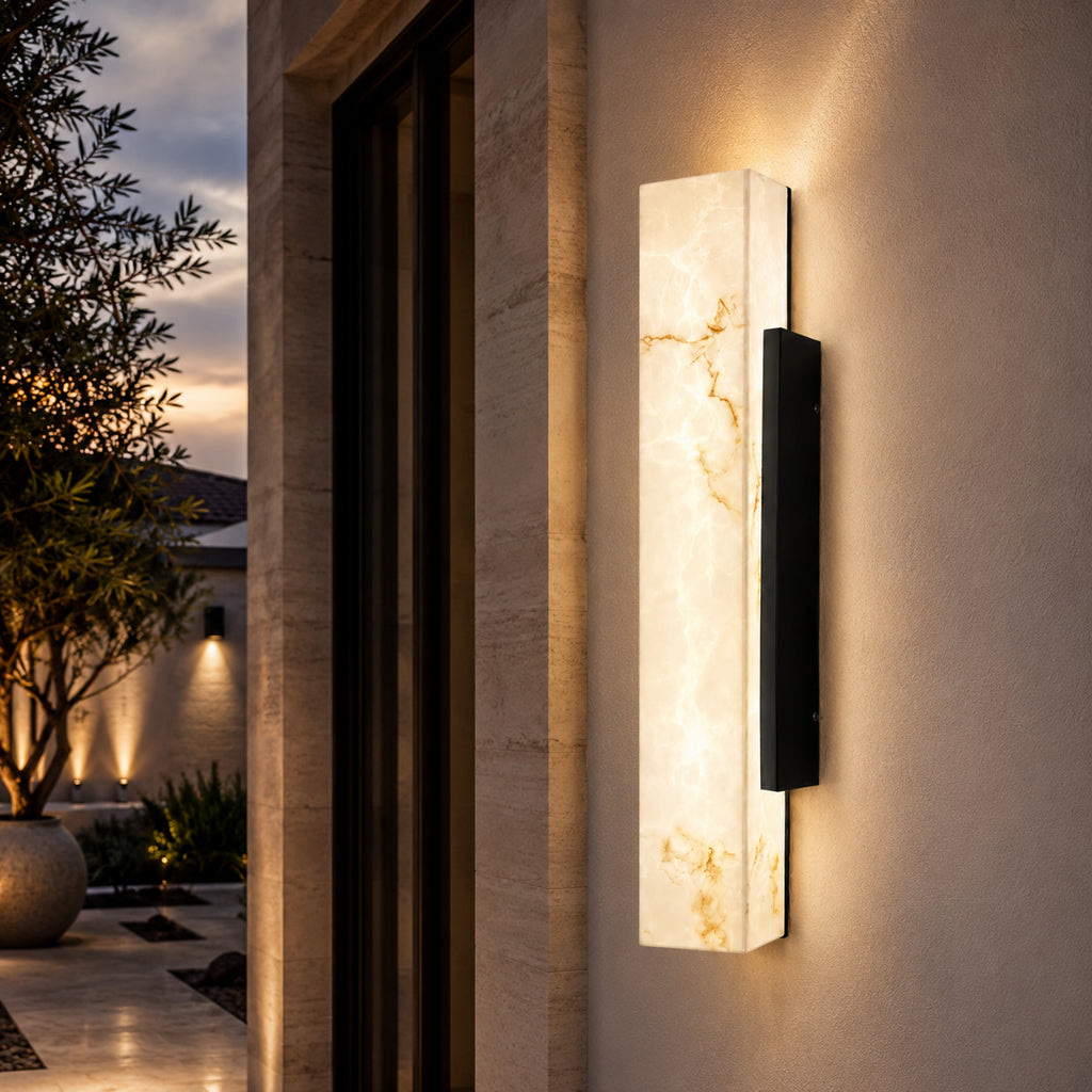 Alura modern exterior wall light with black metal backplate