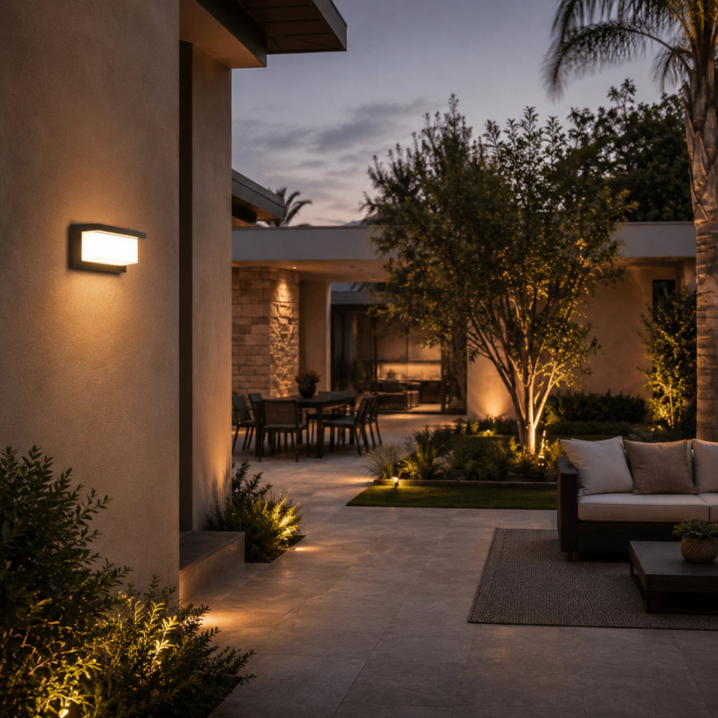 Apex waterproof LED wall light in black metal finish