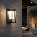 Avrn outdoor wall light detail with frosted diffuser and black frame