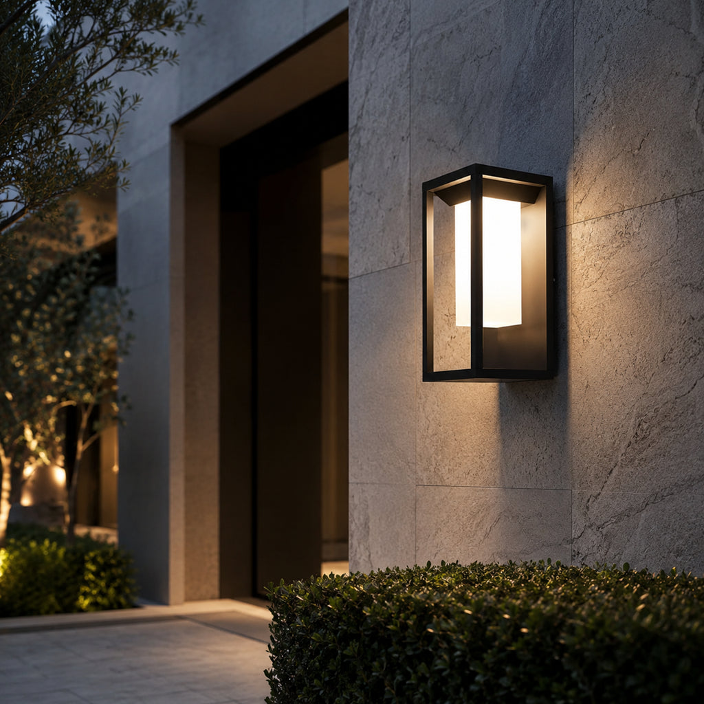 Avrn outdoor wall light with black rectangular frame and frosted diffuser