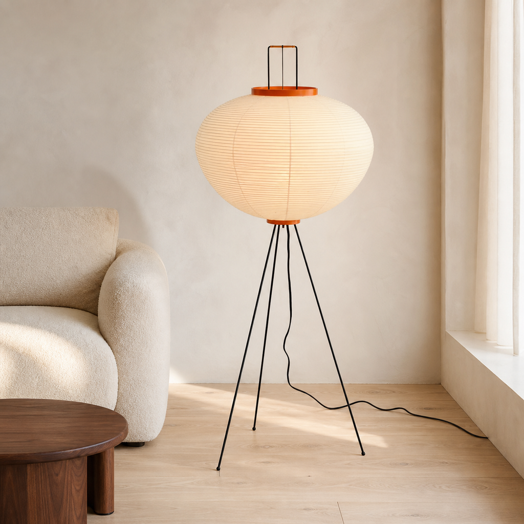Akari 10A rice paper floor lamp in a warm modern living room