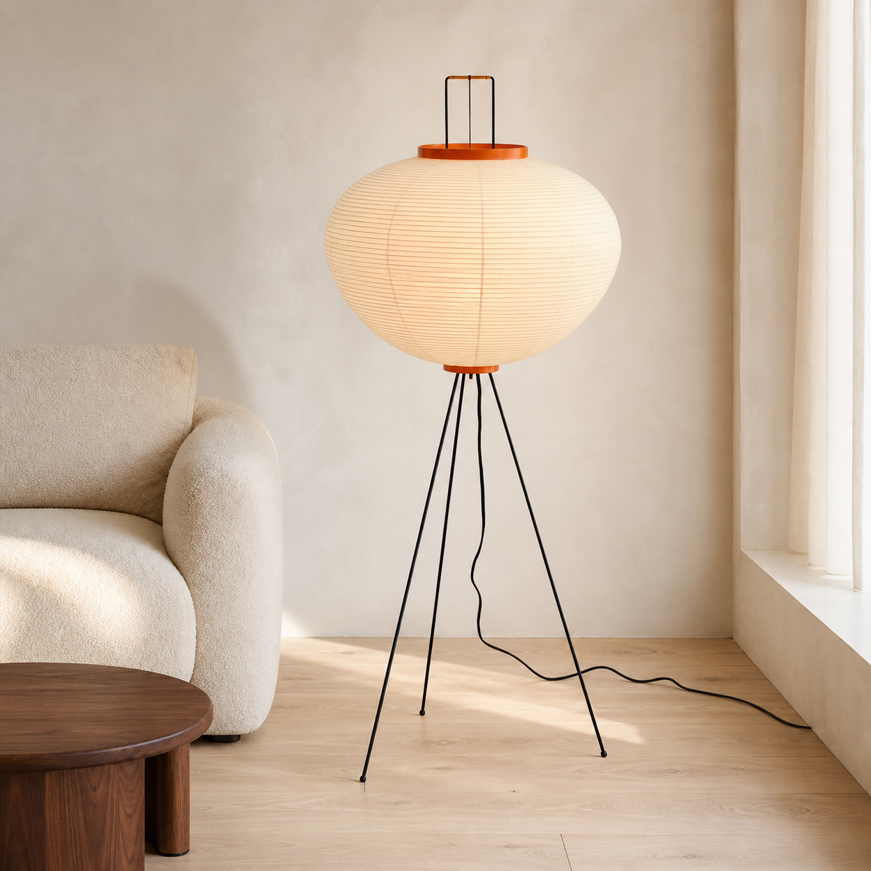 Akari 10A rice paper floor lamp in a warm modern living room