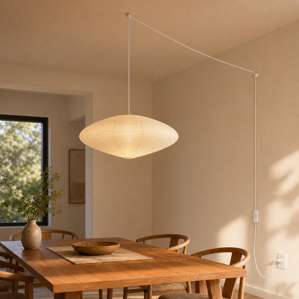 Akari 15A rice paper swag pendant light suspended from the ceiling in a warm interior