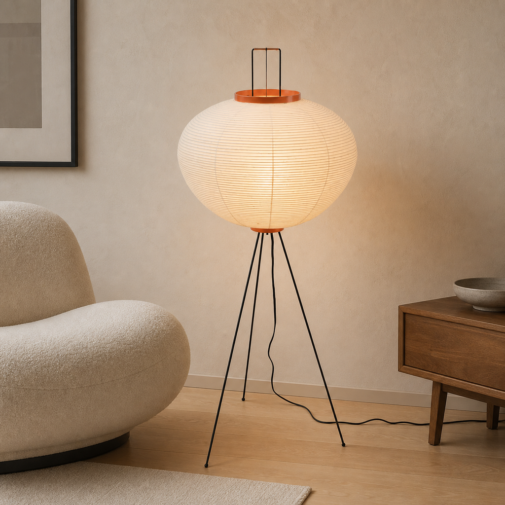 Akari 10A rice paper floor lamp beside a lounge chair