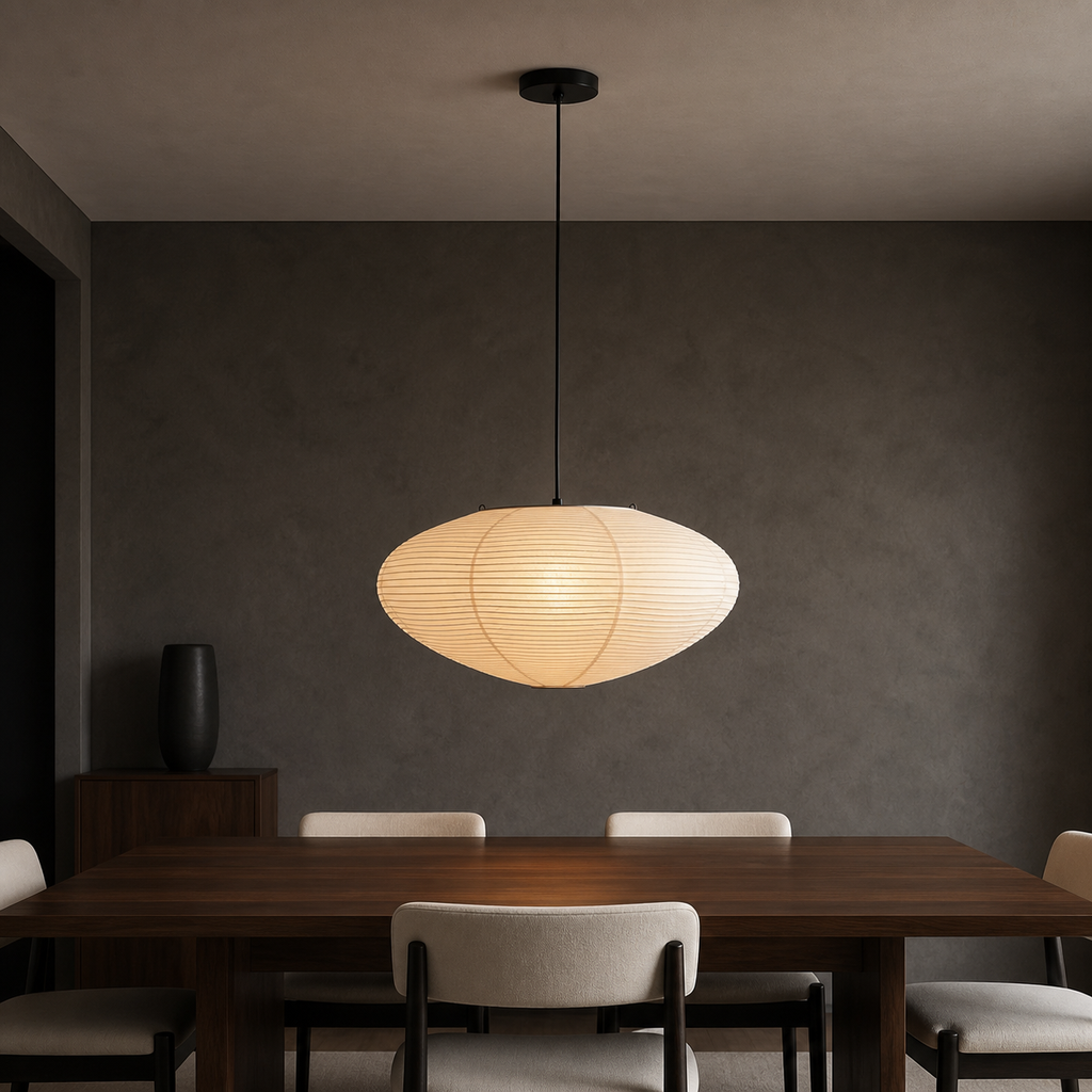 Akari A oval washi paper pendant light with black cord in a warm interior