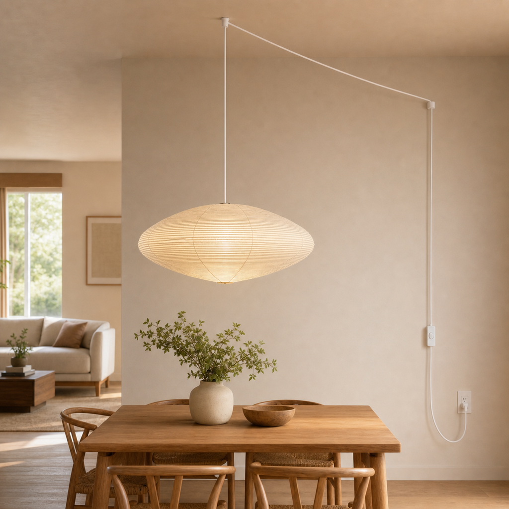 Medium Akari 15A rice paper swag light with white cord in a ceiling-supported room scene