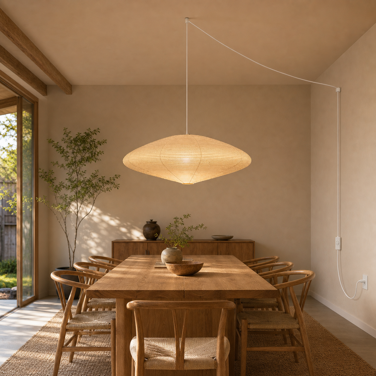 Large Akari 15A rice paper swag light with white cord in a ceiling-supported room scene