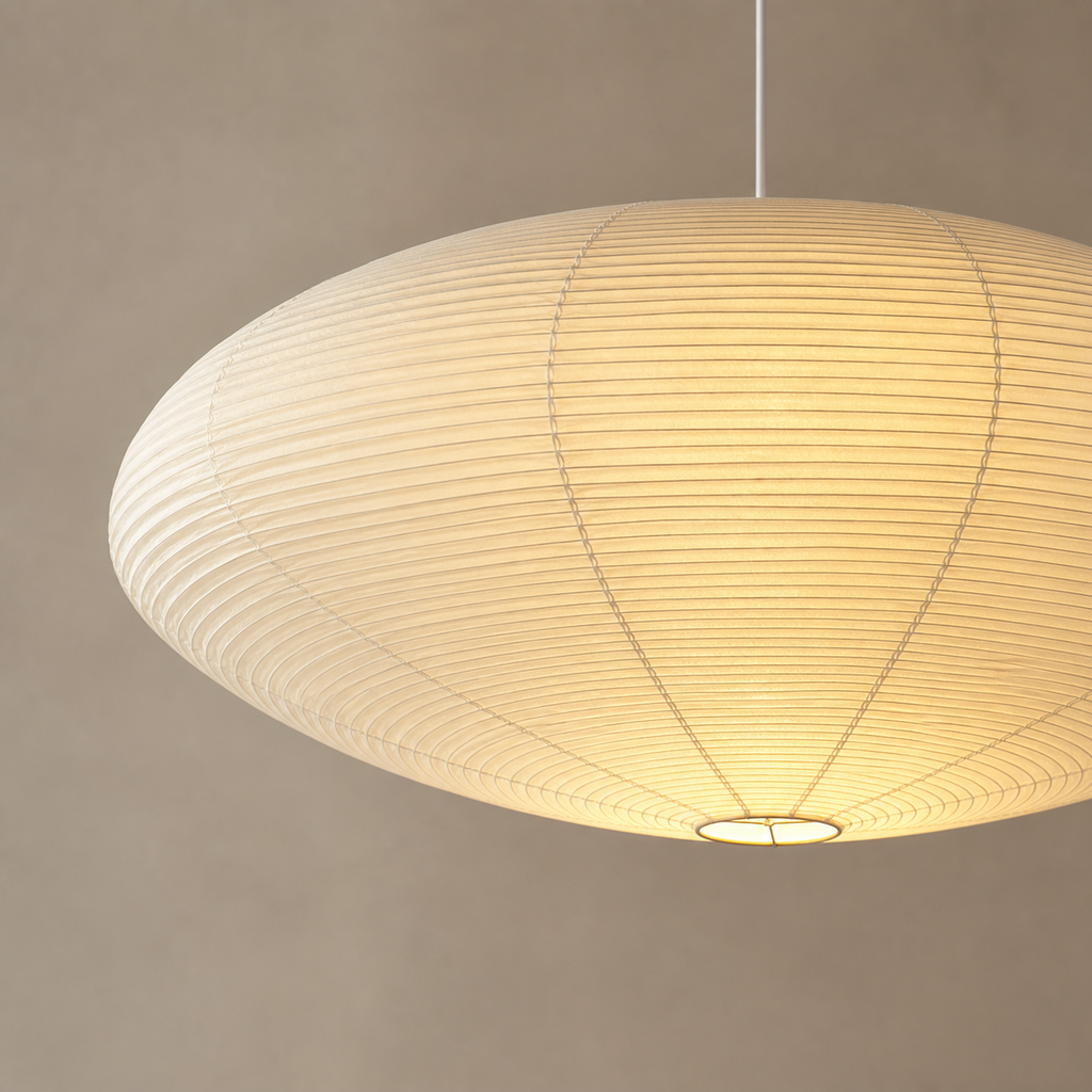 Close view of the Akari 15A white paper shade and ribbed structure