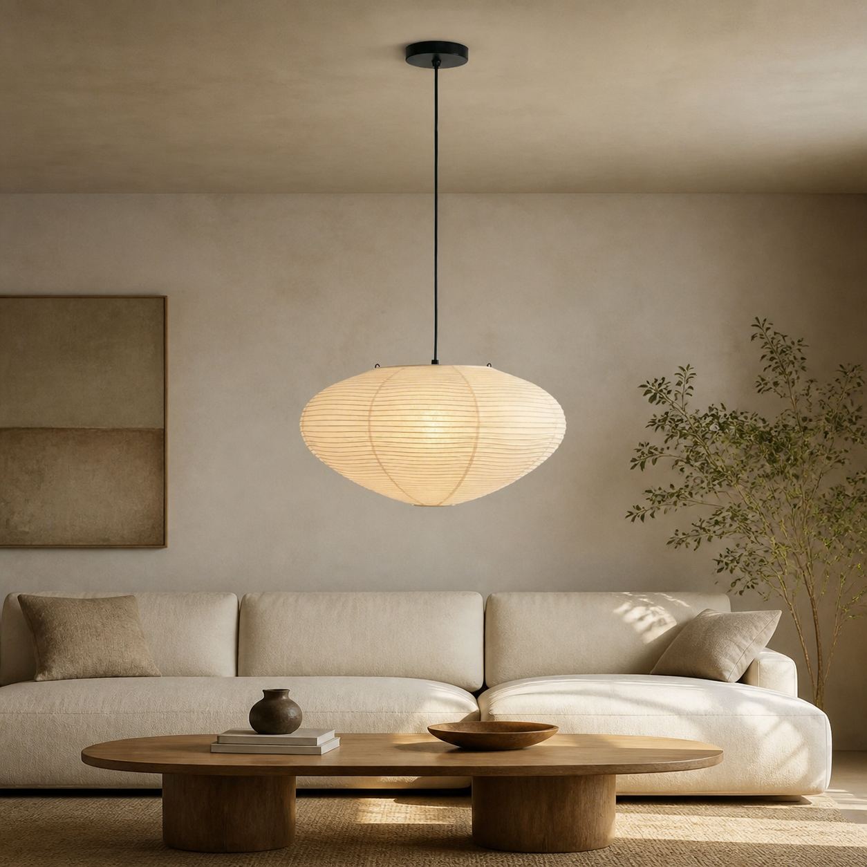 Akari A oval paper pendant light in a relaxed living room