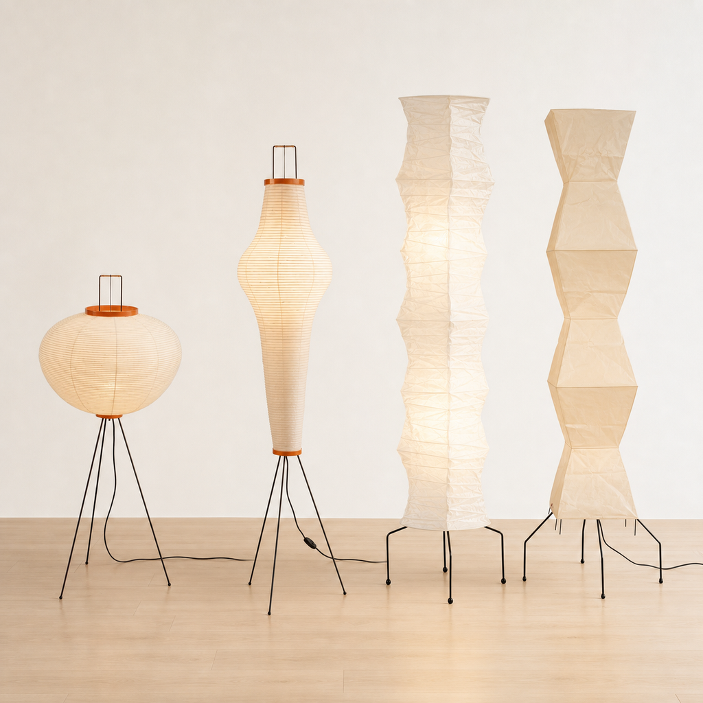 Four Akari rice paper floor lamp shapes shown together