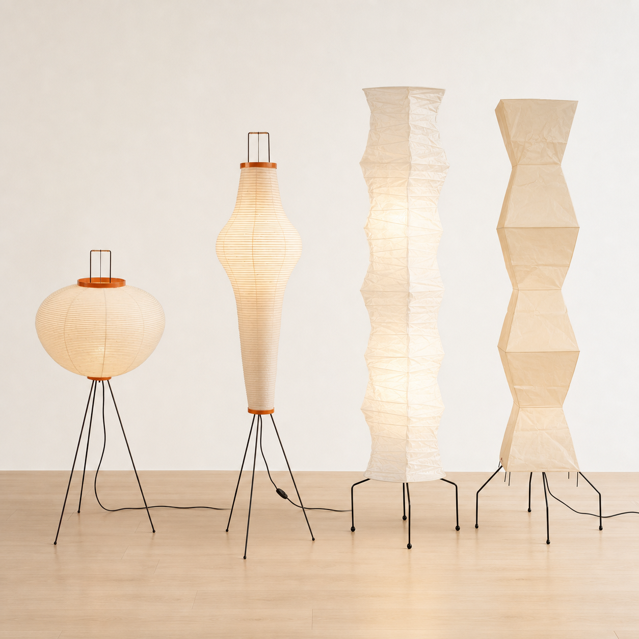 Four Akari rice paper floor lamp shapes shown together