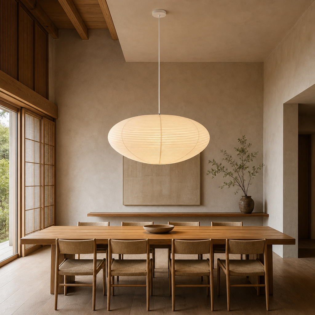 Large white-cord oval washi paper pendant above a long dining table.