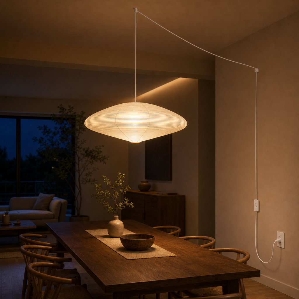 Akari 15A rice paper swag pendant light glowing in an evening interior