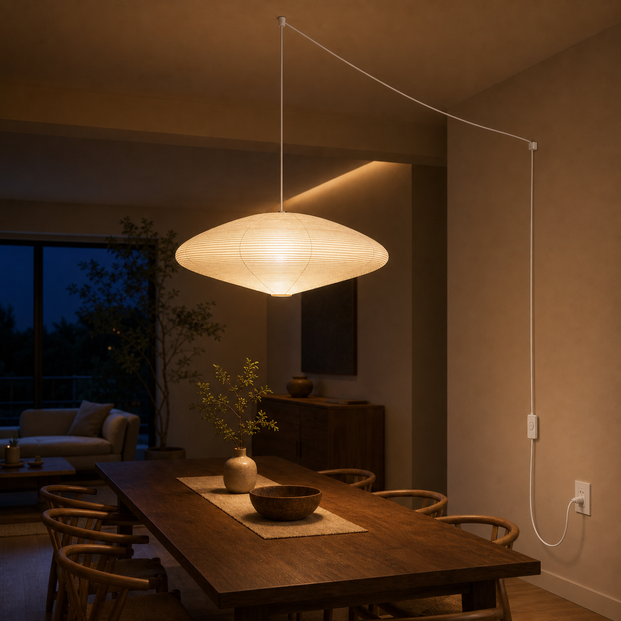 Akari 15A rice paper swag pendant light glowing in an evening interior