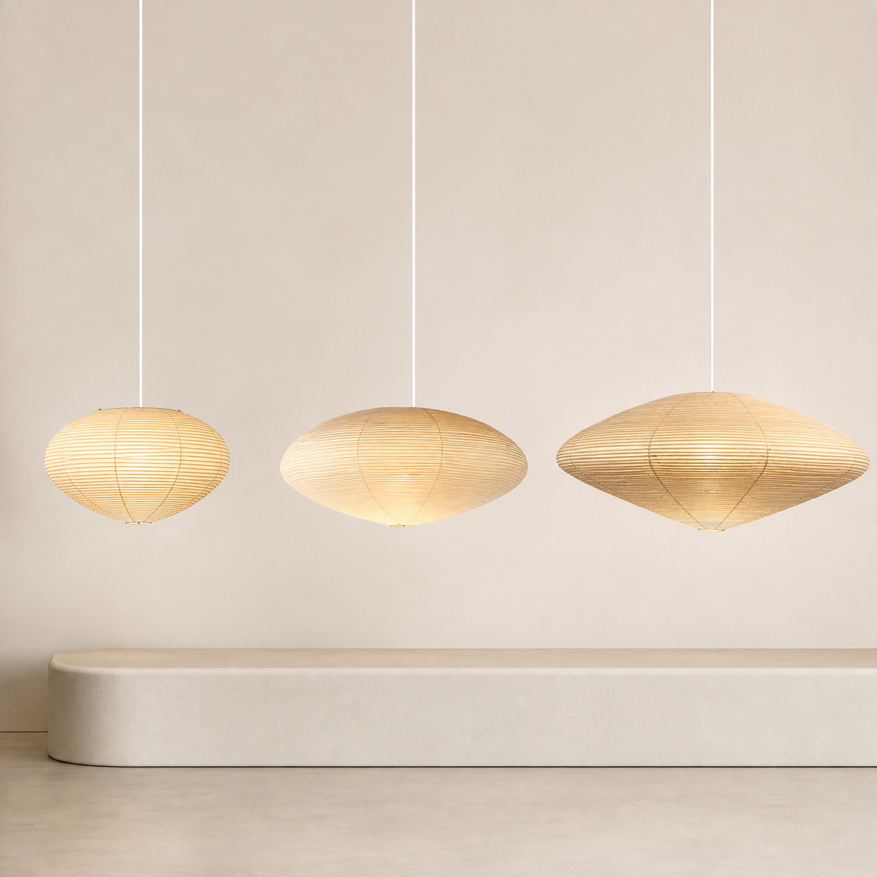 Small, Medium and Large Akari 15A rice paper swag light size comparison