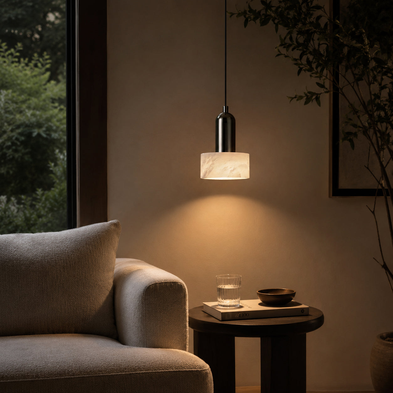 Avrn Norell alabaster pendant light with black metal body