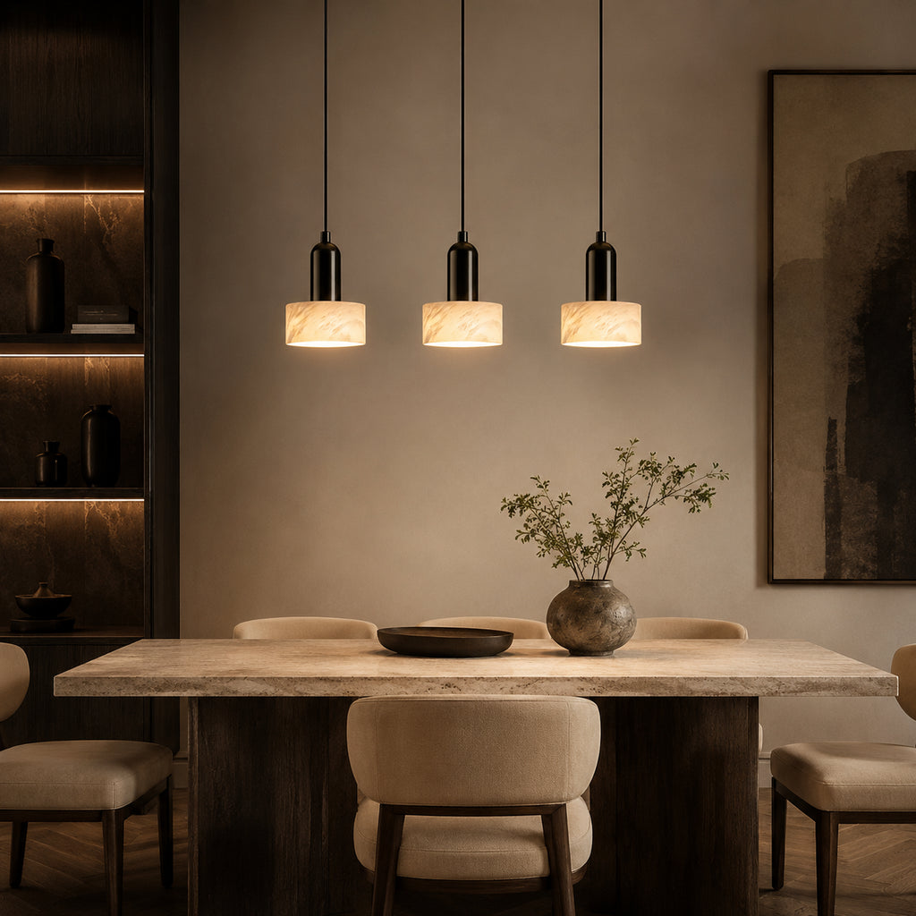 Avrn Norell cylindrical alabaster pendant lamp