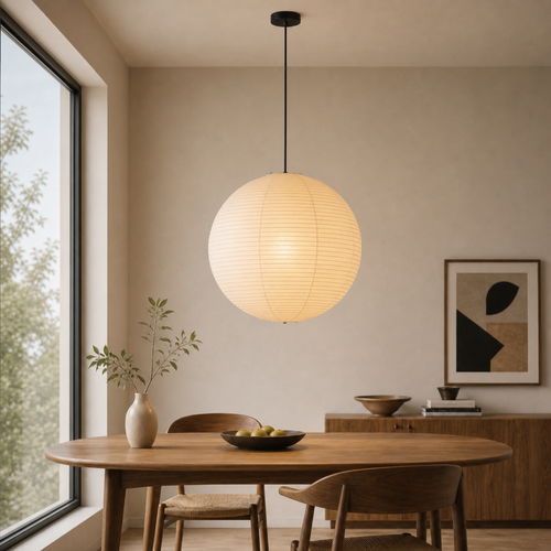 Akari handcrafted washi paper globe pendant light with black cord
